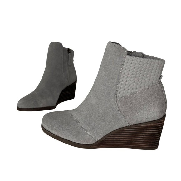 Toms Sadie Womens Ankle Fashion Boots Size 7.5‎ Gray Suede Pull On Wedge Heel - Picture 1 of 11